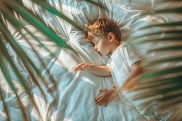 Restful child sleeping his side wrapped cozy environment. Child enjoying calm and quiet night's sleep his bed. Purity of peaceful sleep emblem of childhood serenity.