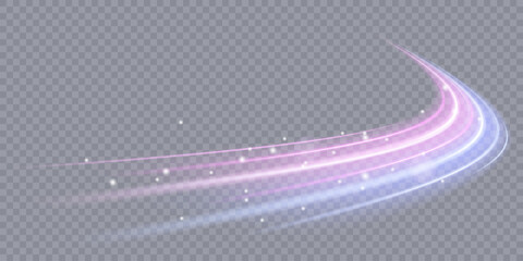 Light effect of high speed movement of light speed along a curved trajectory of bright blue-violet flickers. Dynamic movement of high speed light energy. Vector 