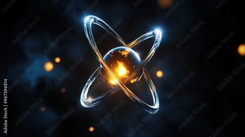 Poster abstract atomic structure with glowing rings and orb
