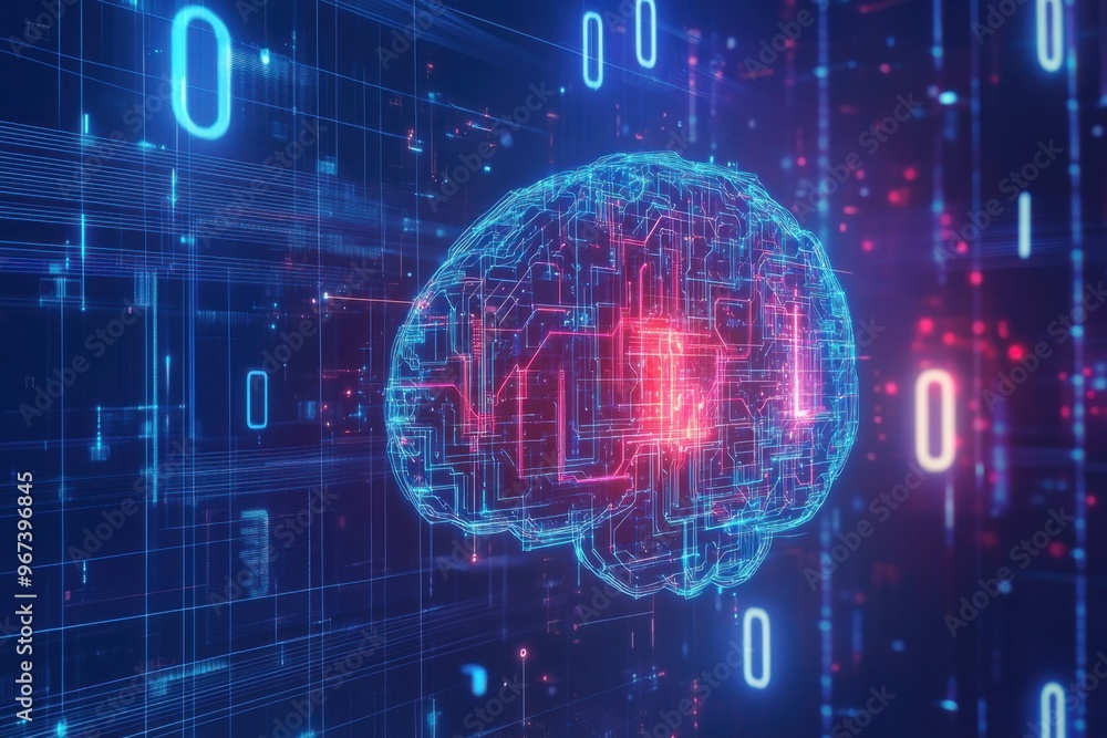 Poster vibrant digital illustration of brain with circuit pattern symbolizing artificial intelligence and n