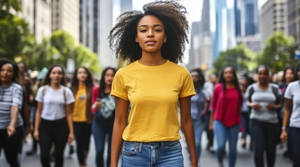 A young woman confidently leads a protest march down a city street, with a crowd of diverse participants behind her, advocating for justice and solidarity.