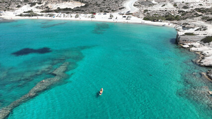 Aerial drone photo of white sandy paradise beach of Prassa with turquoise crystal clear sea voted...