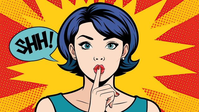 Comic style art of woman saying shh with vibrant pop art design