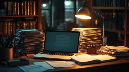 Cozy workstation with laptop and papers in warm library light