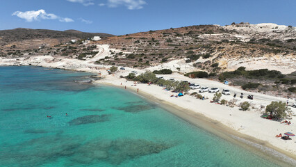 Aerial drone photo of white sandy paradise beach of Prassa with turquoise crystal clear sea voted...