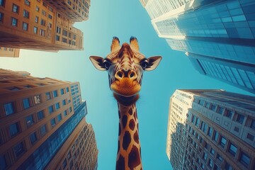 surreal urban safari giraffe explores city streets neck stretching between skyscrapers whimsical juxtaposition of nature and architecture creates playful thoughtprovoking scene