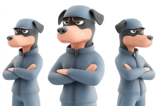 Three animated dog characters in matching blue outfits stand with arms crossed, exuding confidence against a plain backdrop.