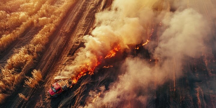 Aerial perspective of spring dry grass burning in hot drought conditions with smoke from bush fire Firetruck engaged in firefighting Wildfire engulfing grassland highlighting ecological issu