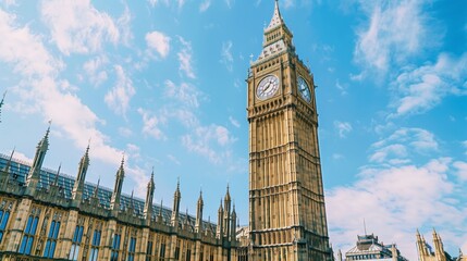 Iconic View of Big Ben against a Blue Sky with Clouds in London, UK - Architecture and Travel...