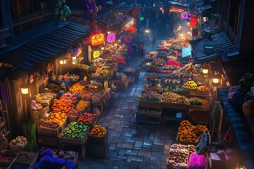 Fototapeta premium A vibrant birds-eye view of a bustling urban market