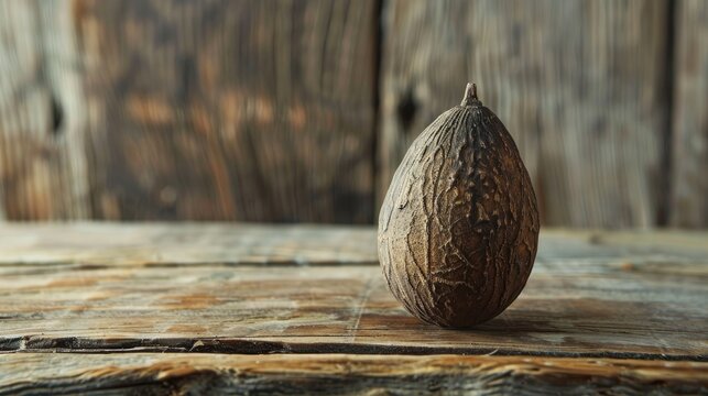 Close up image of a mature duku fruit on a wooden backdrop