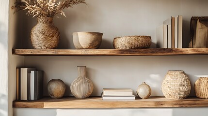 beautifully arranged wooden shelf in a modern interior, featuring a mix of decorative items like woven baskets, stylish vases, and art books, highlighting the balance between functionality and style