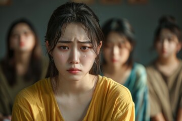 Obraz premium Sad expression girl's face tells story of heartbreak. Raw emotion beautiful korean girl's eyes highlights her sorrow. It could signify transformative power of tears and emotional release.