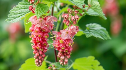 Close up image of blooming Ribes sanguineum flower cluster on green garden backdrop