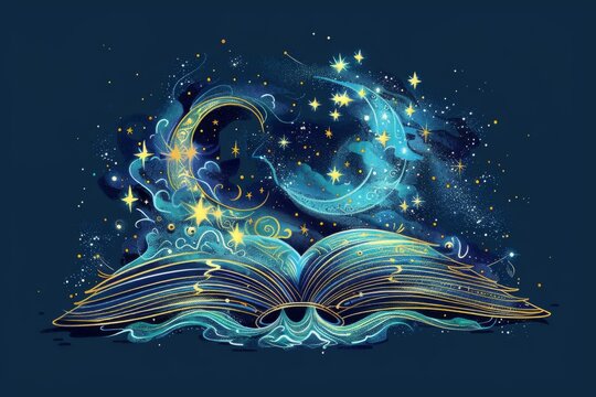 An enchanted book opens to reveal a celestial scene of glowing stars, moons, and swirling galaxies, evoking a sense of wonder, imagination, and the infinite possibilities of the universe.