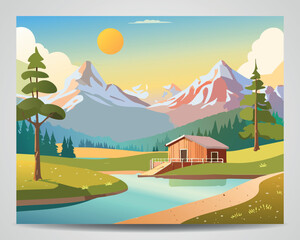 Serene Mountain Landscape with River and Countryside Cottages