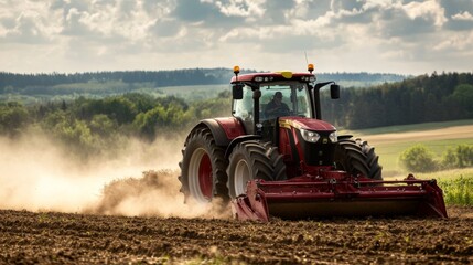 Obraz premium A detailed image capturing a red modern tractor skillfully plowing through fertile soil on a sunny day, with clear blue skies and lush green trees in the background.
