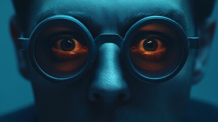 A man with glasses is staring at the camera with his eyes wide open