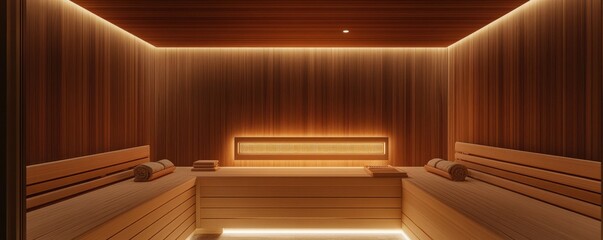 Cozy Finnish sauna with warm lighting and wooden interior, featuring benches, plants, and towels, evoking relaxation and tranquility in a traditional spa setting