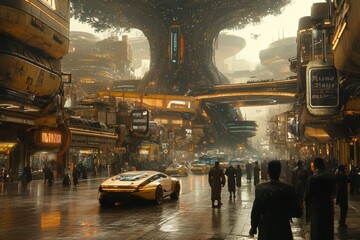 Obraz premium A bustling futuristic city with a massive tree at its center surrounded by advanced vehicles and lively streets.