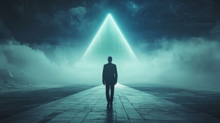 A man walks down a road in front of a large pyramid