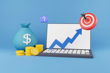3D illustration Digital marketing Red target with arrow in the center floating on laptop and money bag with stack of coins on the side Online business Online advertising 3D rendering