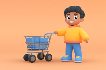 An adorable animated child pushing a small toy shopping cart, dressed in casual wear, suggesting playful imagination.