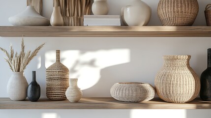 beautifully arranged wooden shelf in a modern interior, featuring a mix of decorative items like woven baskets, stylish vases, and art books, highlighting the balance between functionality and style