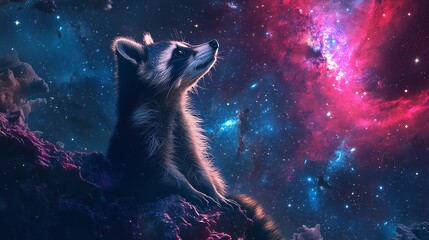 Naklejka premium A vibrant worms-eye view of a curious raccoon gazing up at a vast galaxy