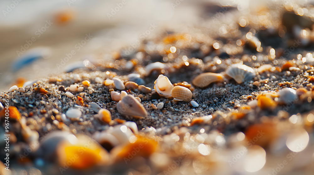 Wall mural Close-Up of Wet Beach Sand with Shells and Coral