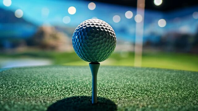 Indoor golf practice session showcasing a tee with a ball illuminated by soft lighting in a modern facility