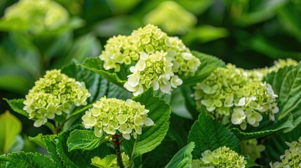 Close up of a bush of young Bigleaf Hydrangea in the garden