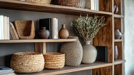 beautifully arranged wooden shelf in a modern interior, featuring a mix of decorative items like woven baskets, stylish vases, and art books, highlighting the balance between functionality and style