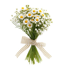 Obraz premium A bouquet of white daisies and yellow flowers tied with a checkered ribbon.