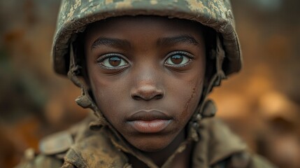 Fototapeta premium Young Soldier Portrait Close Up of a Child in Military Gear