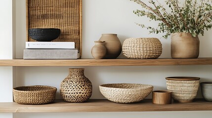 beautifully arranged wooden shelf in a modern interior, featuring a mix of decorative items like woven baskets, stylish vases, and art books, highlighting the balance between functionality and style