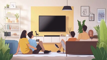 A cozy family gathering in a modern living room with a yellow accent wall enjoying leisure time together on a weekend evening