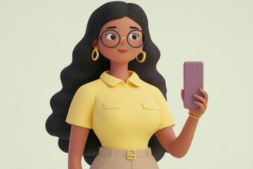 A fashionable woman with wavy hair, wearing yellow, holds a smartphone in this vibrant digital art, exuding modernity and style.