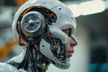 Fototapeta premium Robot cyborg humanoid helper in activities of daily life routine living with people, Generative AI