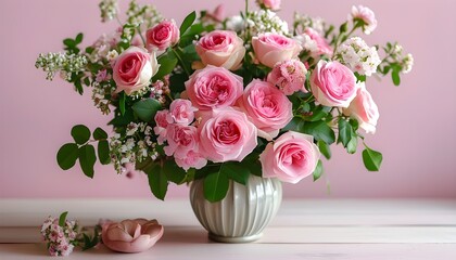 Elegant pink rose bouquet in a delicate vase against a soft pastel background, perfect for celebrations like birthdays, weddings, and special occasions.