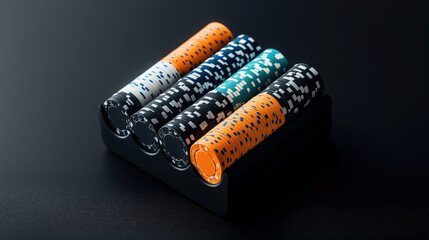A close-up image of a set of colorful poker chips organized in a black chip holder on a dark, textured surface. The poker chips are in various colors including orange, green, blue, and black.