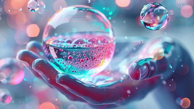 A close-up of a hand gently holding a glowing glass sphere filled with bubbles, symbolizing care, science, and the delicate nature of research