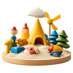 Colorful toy scene with hills, trees, and whimsical houses in a playful sandy landscape, perfect for children's playtime themes.