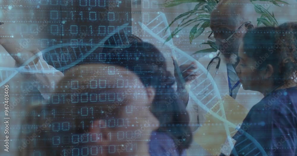 Poster animation of data processing and dna strands over diverse doctors working in hospital
