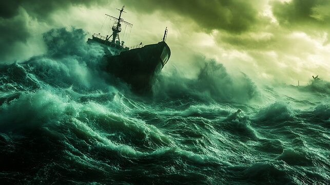 A stormy sea with enormous green waves towering over a silhouetted ship, the vessel barely visible through the chaos, as the wind and rain intensify