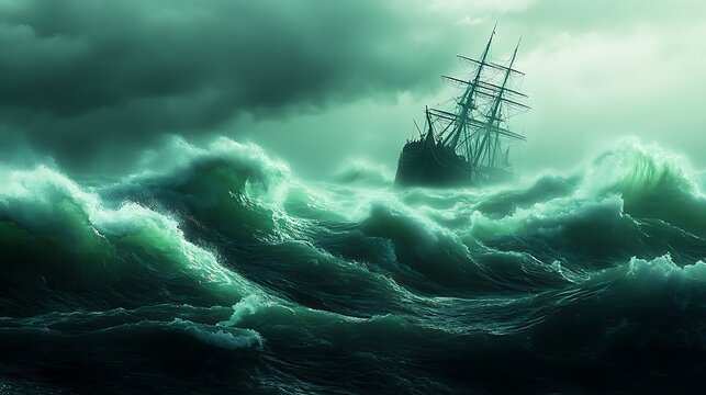 A stormy sea with enormous green waves towering over a silhouetted ship, the vessel barely visible through the chaos, as the wind and rain intensify