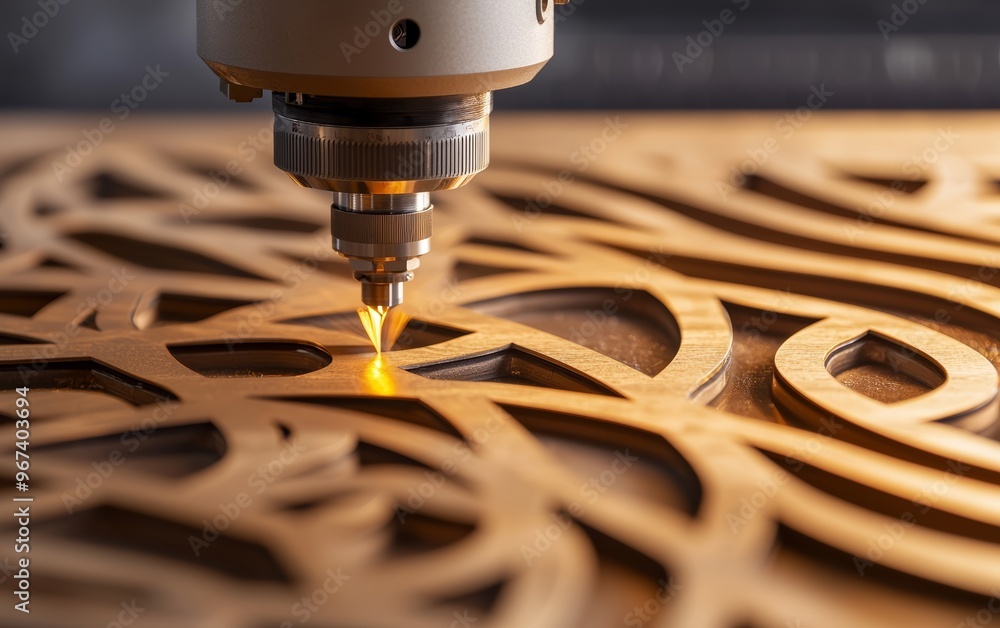 Poster close-up of a laser-cutting machine carving intricate patterns into a sheet of metal