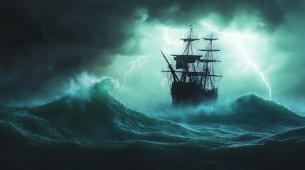 A silhouetted ship caught in a stormy sea, battling against enormous green waves, with dark clouds swirling overhead and lightning illuminating the scene