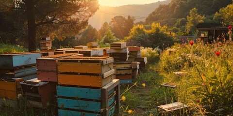 Panoramic view of beehives at a bee farm