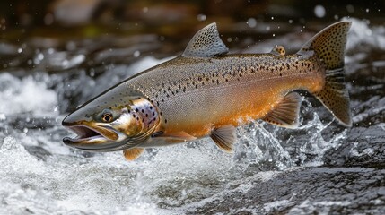 Obraz premium A trout jumping in a river, showcasing its vibrant colors.